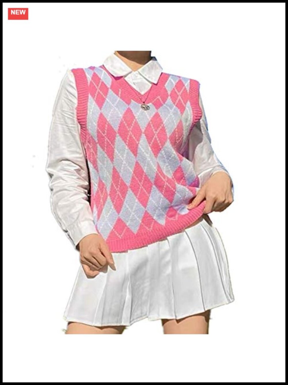 Sleeveless V Neck Argyle Plaid Knit Sweater Vest Preppy Loose Tank Top